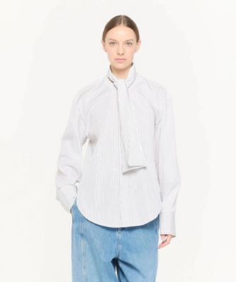 PLAN C プランシー　長袖シャツ　ブラウス　フリル　ストライプ ストライプポプリン シャツ ボーブラウス 52